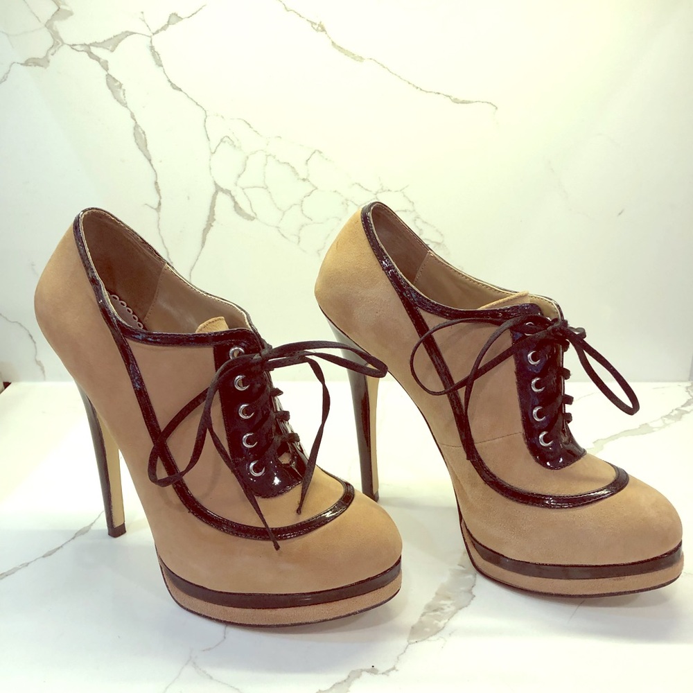 Tan suede lace up Bebe booties